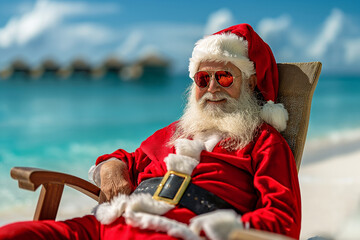 Santa is sitting on a chair by the beach, wearing sunglasses and a red suit