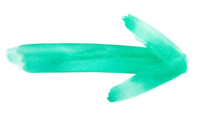Hand drawn light green arrow made from watercolor brush strokes isolated on white background.