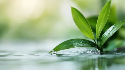 The image showcases emerald green leaves resting lightly against a gentle water ripple, creating an ambiance of peace and simplicity in the natural world around us.
