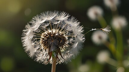 Close-Up of a Dandelion Seed Head Blowing in the Wind, Seeds Floating in the Air.