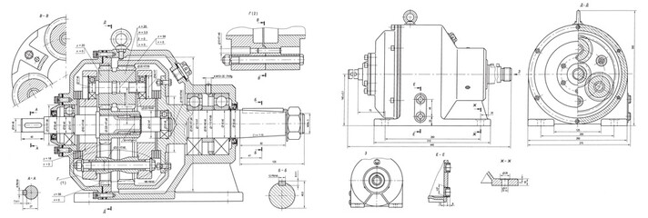 Engineering mechanical pencil drawing of steel devices
(reducer, gearbox, engine)
with dimension lines. Industrial 
cad scheme on white paper sheet. Technology background
of machine building industry.