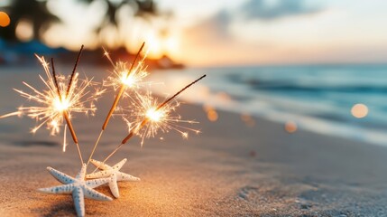 Decorative starfish lie on the beach sand with sparklers lit, their lights reflecting off the sea at dusk, capturing the calm and beauty of seaside evenings.