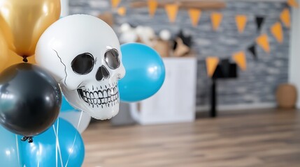 A collection of colorful balloons, with a skull design, produces an engaging display representative of Halloween's fun and creative party atmosphere.