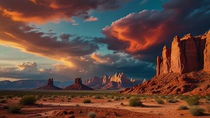 Desolate Alien Desert Landscape with Towering Red Rock Formations and a Strange, Colorful Sky.