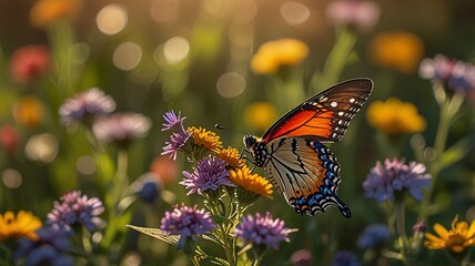 Vibrant Butterfly Landing on a Blooming Flower in a Sunlit Meadow Filled with Wildflowers.