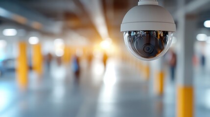 The sharp focus on a white dome security camera suggests vigilance and modern surveillance in a bustling indoor parking area, emphasizing security and oversight.