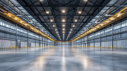 Fototapeta premium Spacious Industrial Warehouse Interior with Bright Lighting