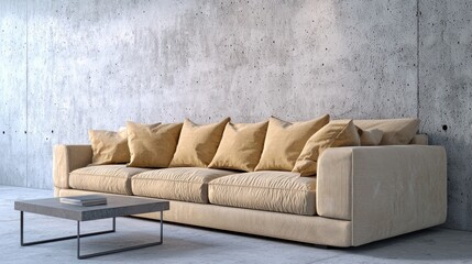 Ultra HD render of a chic living room featuring a beige sofa and coffee table against a minimalist concrete wall