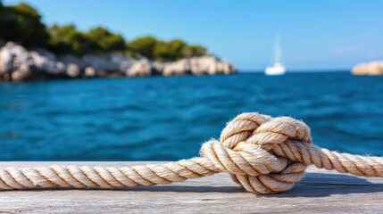 A secure knot formed from a thick rope holding to a picturesque wooden pier, set against a backdrop of turquoise sea and blurred coastal vegetation.