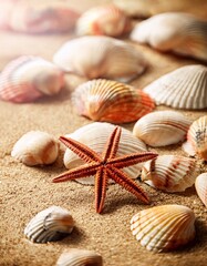 Collections of beautiful shells are scattered on the beach sand, creating a relaxing summer atmosphere.generative ai