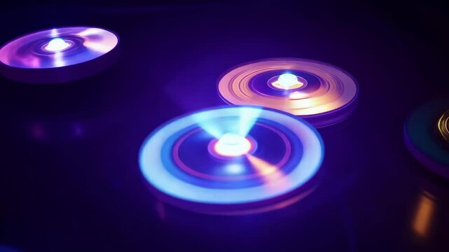Abstract rotating discs: Multiple glowing discs of various sizes rotating at different speeds, casting faint, circular glows on each other. Abstract texture, pattern. Screensaver, wallpaper.