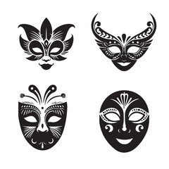 Festival Mask Bundle Illustration, Theater Mask Cut File, Circus Stencil silhouette vector on white background 10 eps