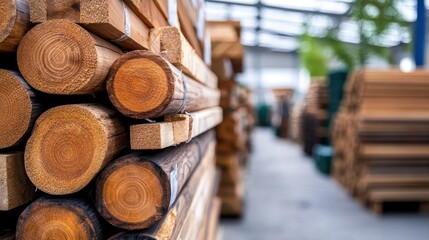 Round and square wooden logs neatly aligned in a lumber store, capturing the orderly display of different shapes and textures, highlighting timber diversity.