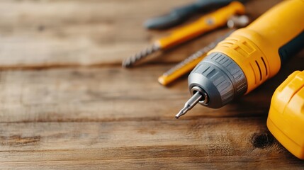 A yellow cordless drill with a metal bit is placed on a wooden table surface, accompanied by blurred tools in the background, capturing work in process.