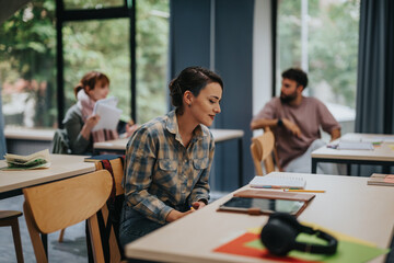 A diverse group of students engaging in conversations and study in a classroom setting, with an elderly professor overseeing the environment and providing guidance.