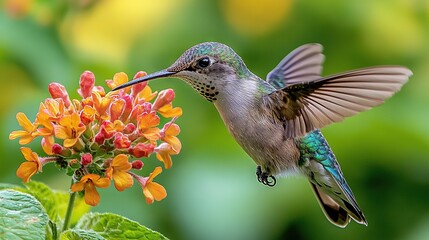 Fototapeta premium Hummingbird perched on a green-leafed flower before a yellow-flowered background blurred