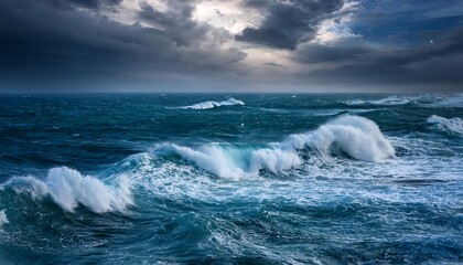 Fototapeta premium Intense Ocean Waves Crashing Under Dark Stormy Skies, Capturing the Raw Power and Majestic Beauty of Nature's Elements, Perfect for Evoking Emotion and Dramatic Atmospheres in Visual Art