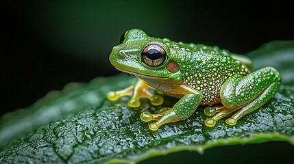 Fototapeta premium A close-up of a frog on a leaf with water droplets on its eyes against a black backdrop
