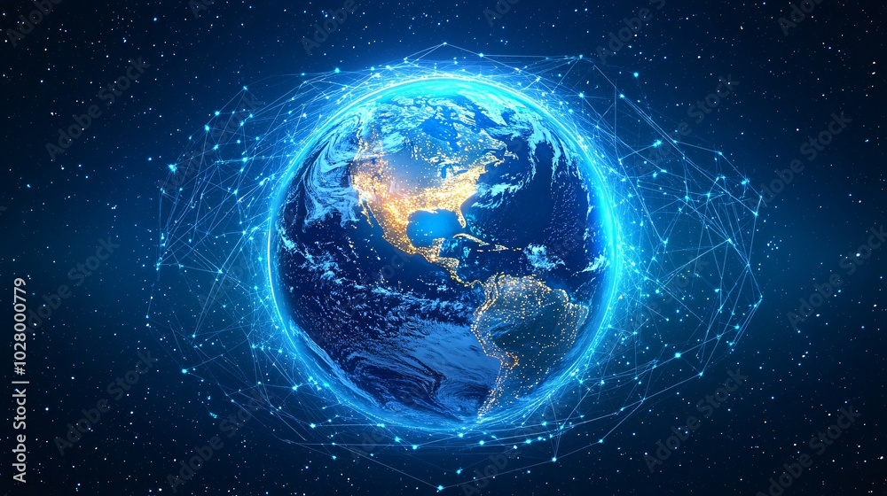 Wall mural earth globe surrounded by a digital network of lines and nodes