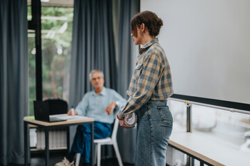 Obraz premium A classroom scene with students attentively participating in a lesson led by an elderly professor. The environment is focused and educational.