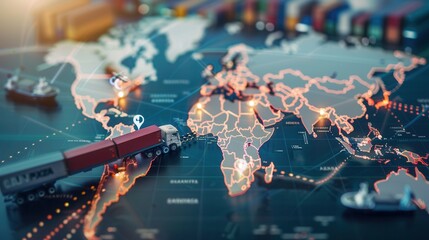 This visual displays a global map with marked transport routes, featuring icons representing different types of transportation across continents. Generative AI