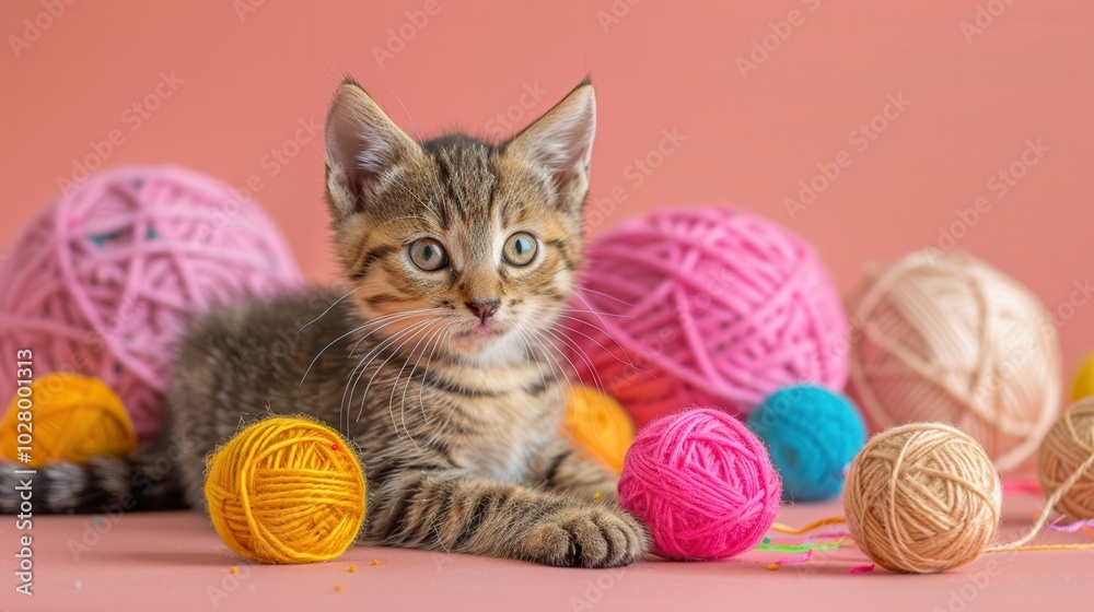 Poster active kittens are engaged with a variety of bright yarn balls and toys, having fun while playing to