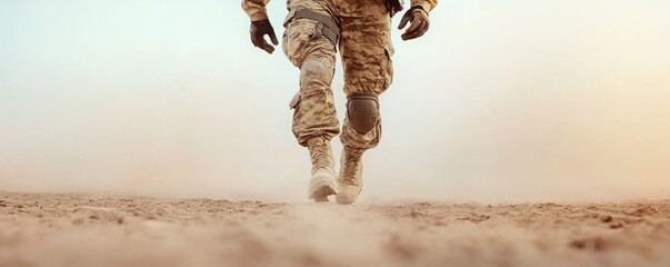 A military personnel is seen engaged in a tactical security operation, showcasing the intensity and commitment required in the field. The environment reflects the challenges faced during missions.