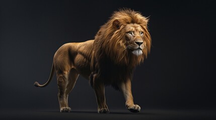 Obraz premium Walking lion with its gaze fixed on the camera, side perspective.