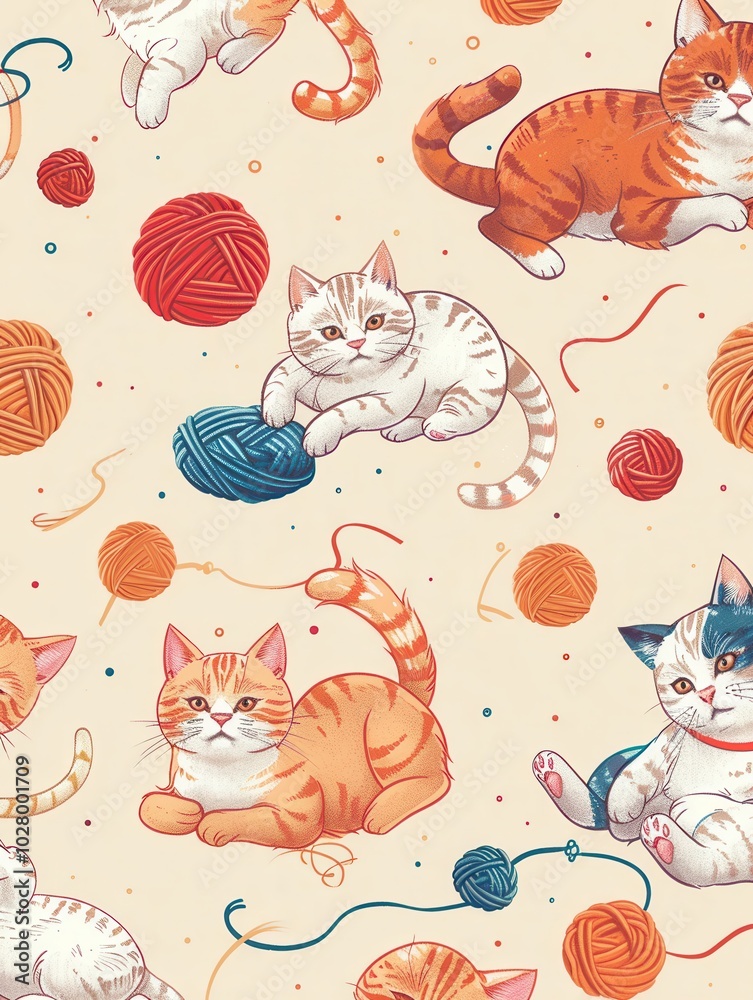 Poster a group of playful cats engages with colorful yarn and toy balls, showcasing their lively interactio