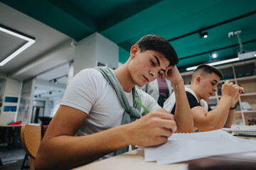 Young college students attentively take notes in a modern classroom setting, reflecting concentration and dedication. The image captures an educational environment conducive to learning and academic