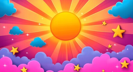 Vector Cartoon Background Featuring a Colorful Sky with Sun, Clouds, and Stars, Highlighted by Sunrise Rays of Light and Yellow Star Shapes.