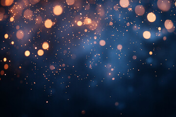 Fototapeta premium Bokeh light effects in gold and blue create a dreamy and magical atmosphere against a deep blue backdrop with shimmering particles 