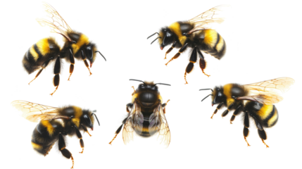 Collection of Flying Bumblebees Isolated on a White Background Generative AI