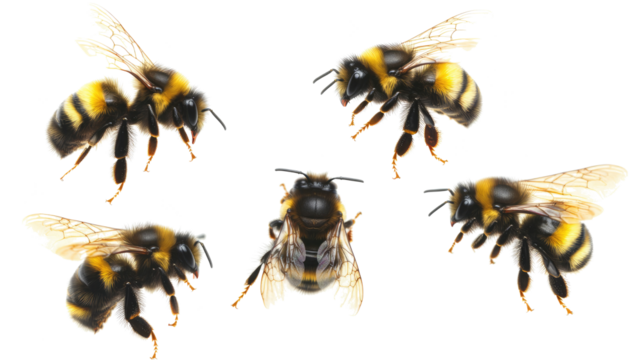 Collection of Flying Bumblebees Isolated on a White Background Generative AI