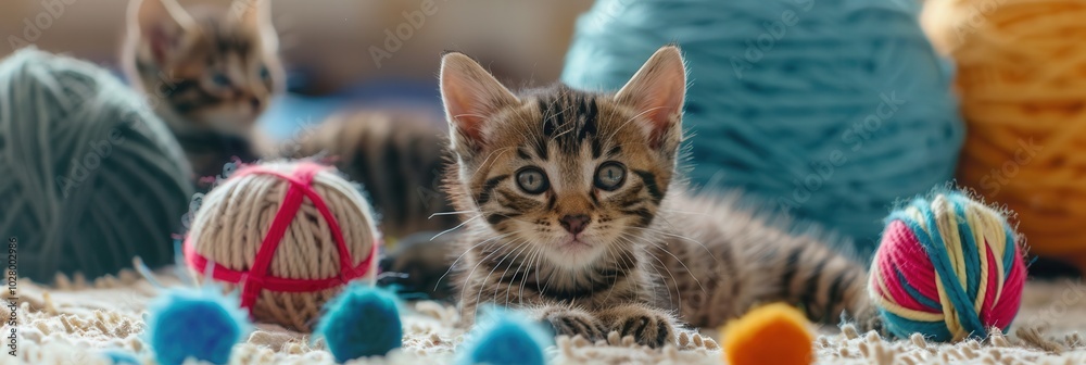 Poster two cute kittens are happily playing with various colorful balls and yarn, enjoying their time in a 