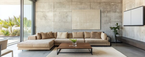 Wide shot of a modern living room featuring a beige sofa, coffee table, and a concrete wall, ideal for a spacious design concept