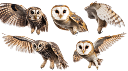 Collection of Flying Owls Captured in Mid-Air Against White Backdrop Generative AI