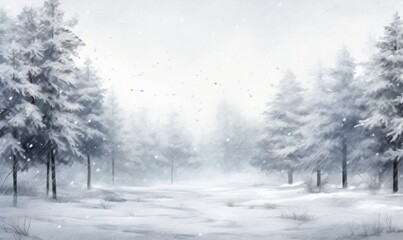Winter Landscape with Snow Falling in a Forest, Watercolor Style Illustration Featuring a Soft White and Gray Color Palette, Perfect for Seasonal Decor and Holiday Themes.
