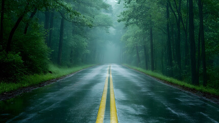 Fototapeta premium Road in foggy forest in rainy day