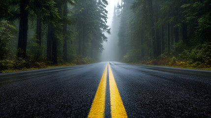 Fototapeta premium Road in foggy forest in rainy day