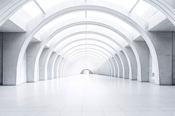 Fototapeta premium A futuristic white arched hallway with smooth curves and soft light streaming in from the ceiling evoking modern minimalism 