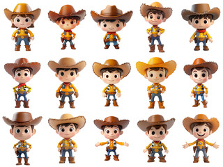 Cute Cowboy Character Illustration Set - 15 Isolated Designs on Transparent Background