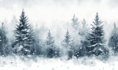 Fototapeta premium Winter Landscape with Snow Falling in a Forest, Watercolor Style Illustration Featuring a Soft White and Gray Color Palette, Perfect for Seasonal Decor and Holiday Themes. 