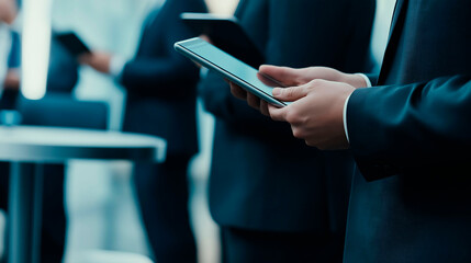 Obraz premium Close up of man's hands holding digital tablet, surrounded by colleagues working on their mobile devices