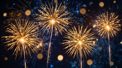 Naklejka premium Fireworks in the night sky. Gold fireworks with bokeh lights abstract background holiday