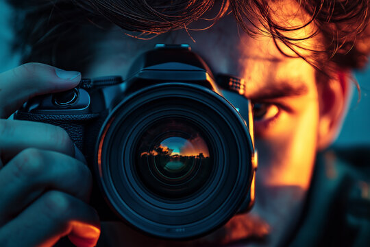 Close-up of young male photographer holding camera, focusing on the lens with a sunset reflection. Capturing passion for photography and creative expression