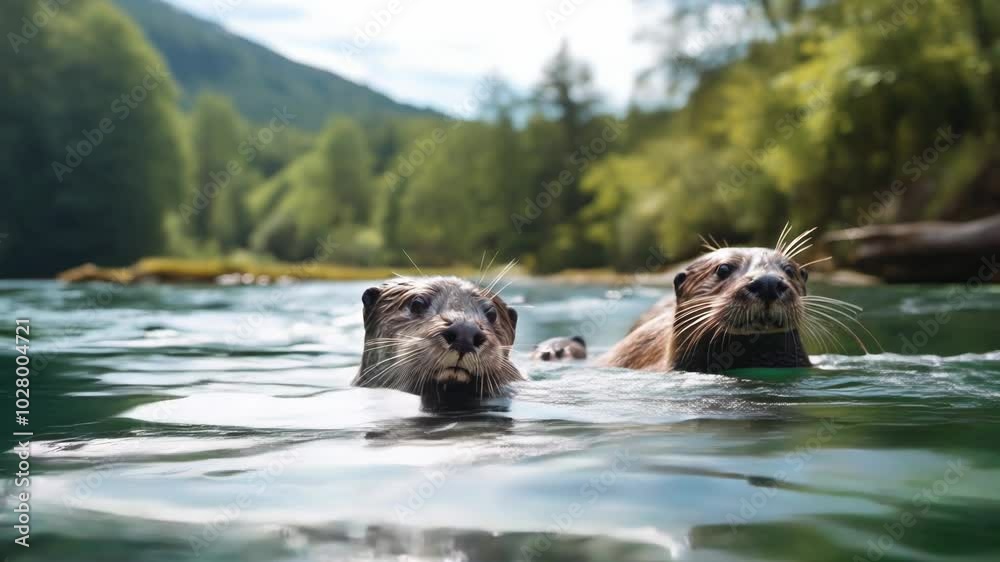 Canvas Prints Two otters swimming in a river. AI.