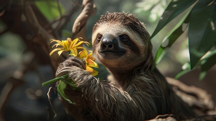 Naklejka premium Photorealistic sloth clinging to a branch.