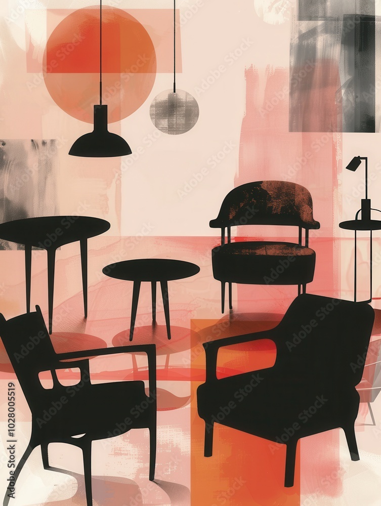 Aufkleber silhouettes of various furniture pieces create an inviting atmosphere on a light gradient backdrop, 