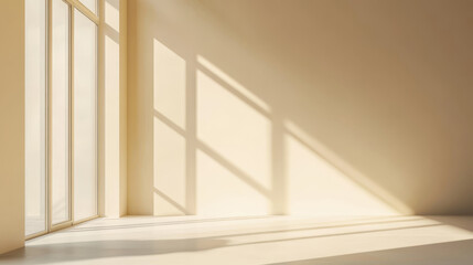 Fototapeta premium An empty room with light beige wall is bathed in sunlight from glass door. Concept minimalist setting for decor or product display. Interior background.